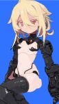  1girl blonde_hair blue_background breasts expressionless hair_between_eyes highres joints long_hair looking_at_viewer navel original red_eyes robot_girl robot_joints shimosuke simple_background sitting small_breasts solo stomach 