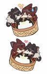  !? 1boy 1girl :&lt; animal_ears bamboo_steamer baozi bbunny biting black_gloves black_jacket blush_stickers brown_hair cape cat_ears cat_tail cheek_biting chibi coat dog_ears dog_tail food fur-trimmed_coat fur_trim gloves gold_trim heart jacket library_of_ruina lowell_(library_of_ruina) project_moon red_cape red_coat red_hair simple_background sweat tail white_background xiao_(library_of_ruina) 