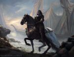  1girl armor artist_name artstation_username beach grey_sky highres hood horseback_riding outdoors riding sarasti ship the_elder_scrolls water watercraft watermark web_address 