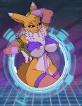  2023 anthro armwear bandai_namco black_nose black_sclera blue_eyes breasts clothed clothing digimon digimon_(species) female fur hi_res legwear multicolored_body multicolored_fur nipple_slip nipples open_mouth open_smile renamon ruff signature smile solo thigh_highs translucent translucent_armwear translucent_clothing two_tone_body two_tone_fur under_boob white_body white_fur yawg yellow_body yellow_fur 