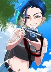  1girl akisame_kanon bare_shoulders blue_hair blue_sky bob_cut brown_eyes camera cloud crop_top green_hair grin highres holding holding_camera looking_at_viewer loose_hair_strand midriff multicolored_hair off-shoulder_shirt off_shoulder perrin_(pokemon) photographer pokemon pokemon_(game) pokemon_sv shirt short_hair short_sleeves sky smile solo tree 