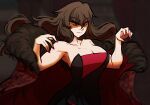  1girl bare_shoulders black_eyes blurry blurry_background breasts brown_hair centurii-chan_(artist) cleavage closed_mouth coat collarbone commentary dress english_commentary fur-trimmed_coat fur_trim highres large_breasts long_hair original red_nails solo strapless strapless_dress 