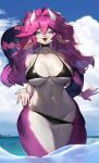  absurd_res anthro beach big_breasts bikini breasts cleavage clothed clothing eyebrows eyelashes female fur hair hi_res horn looking_at_viewer outside partially_submerged purple_body purple_hair purple_scales scales seaside sky solo swimwear tail thick_thighs unknown_species water white_body white_scales woobin94 