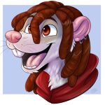  1:1 2019 anthro brown_eyes brown_hair clothing dreadlocks ear_piercing fur fur_markings hair headshot_portrait hi_res hoodie looking_away male mammal markings murid murine open_mouth piercing portrait rat rathew_(bomba) red_clothing red_hoodie red_topwear rodent simple_background smile tan_body tan_fur tongue topwear waywardmutt 