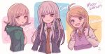  3girls :d :o ahoge akamatsu_kaede black_ribbon blonde_hair blunt_bangs blush blush_stickers breasts brown_necktie closed_mouth collared_shirt cropped_torso danganronpa:_trigger_happy_havoc danganronpa_(series) danganronpa_2:_goodbye_despair danganronpa_v3:_killing_harmony flipped_hair green_jacket hair_ornament hair_ribbon heart hood hood_down hooded_jacket jacket kirigiri_kyoko large_breasts long_hair long_sleeves looking_at_viewer marumi_(mementmori44) multiple_girls musical_note musical_note_hair_ornament nanami_chiaki necktie open_clothes open_jacket pink_eyes pink_sweater_vest ribbon shirt smile sweater_vest teeth translation_request upper_teeth_only white_background 