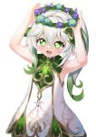  1girl :d armpits arms_up commentary_request detached_sleeves dress genshin_impact gradient_hair grey_hair hair_between_eyes hair_ornament head_wreath highres kido_airaku leaf_hair_ornament long_hair looking_at_viewer multicolored_hair nahida_(genshin_impact) pointy_ears short_dress short_sleeves side_ponytail sidelocks simple_background smile solo streaked_hair symbol-shaped_pupils two-tone_hair white_background white_dress 