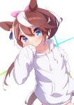  1girl absurdres animal_ears blue_eyes blush brown_hair collarbone cowboy_shot double-parted_bangs drawstring dutch_angle hand_up high_ponytail highres hood hood_down hoodie horse_ears horse_girl horse_tail long_hair multicolored_hair nanashi_(nanashi86239) sidelocks simple_background sleeves_past_wrists smile solo split_mouth standing streaked_hair swept_bangs tail tokai_teio_(umamusume) two-tone_hair umamusume v-shaped_eyebrows white_background white_hair white_hoodie 