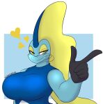  &lt;3 2021 5_fingers anthro big_breasts black_body blue_body blue_clothing breasts clothing dewwydarts female fingers generation_8_pokemon inteleon iris_(dewwydarts) looking_at_viewer membrane_(anatomy) multicolored_body nintendo pokemon pokemon_(species) simple_background smile solo yellow_body yellow_eyes 