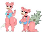  anthro big_breasts black_eyes breasts clothing collar duo fangs female generation_1_pokemon huge_breasts nintendo pink_body pokeball pokemon pokemon_(species) simple_background slowbro slowpoke swimwear tail teeth urusee584 white_background yellow_eyes 