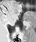  1boy 1girl animal_ears candle candlestand expressionless from_side greyscale looking_at_another mgong520 monochrome original profile smile upper_body 