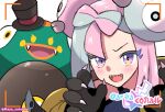  1girl :d animal_hands bellibolt blush bow-shaped_hair character_hair_ornament clothed_pokemon commentary_request fangs gloves green_hair hair_ornament hat iono_(pokemon) jacket multicolored_hair open_mouth paw_gloves pink_hair pokemon pokemon_(creature) pokemon_(game) pokemon_sv purple_eyes satouno_maya shirt smile teeth tongue two-tone_hair upper_teeth_only yellow_eyes yellow_jacket 