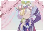  1girl 750x077 animal bead_necklace beads bellflower bird blurry blurry_background blush bow branch cherry_blossoms closed_eyes closed_mouth coin_hair_ornament dress flower genshin_impact hair_flower hair_ornament hat highres holding holding_animal holding_bird jewelry jiangshi light_smile long_hair long_sleeves looking_at_viewer necklace ofuda outdoors petals pink_flower purple_eyes purple_hair qing_guanmao qiqi_(genshin_impact) ribbon short_hair smile solo tree upper_body wide_sleeves 