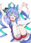  1girl :d absurdres ahoge animal_ears aqua_hair arms_behind_back black_ribbon blue_hair closed_eyes crossed_bangs drill_hair facing_viewer floating hair_ribbon highres horse_ears horse_girl horse_tail knees_up long_hair miniskirt multicolored_hair no_shoes open_mouth pleated_skirt puffy_short_sleeves puffy_sleeves purple_shirt red_shorts ribbon saburo_(zwzf5873) sailor_collar school_uniform sharp_teeth shirt short_sleeves shorts shorts_under_skirt simple_background skirt smile solo tail teeth thighhighs tracen_school_uniform translated twin_turbo_(umamusume) twintails two-tone_hair umamusume white_background white_sailor_collar white_shirt white_thighhighs 