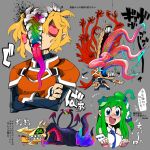  1boy 1girl armor belt black_shirt blonde_hair blue_eyes blush body_horror breastplate brown_belt collared_shirt colored_sclera commentary_request crossed_arms detached_sleeves extra_arms food frog_hair_ornament gem grey_background guro hair_ornament high_side_ponytail horror_(theme) kochiya_sanae kohakagutibi live_a_live long_hair monster multiple_tongues oersted open_mouth orange_armor pauldrons pudding rainbow_gradient red_sclera ribbon-trimmed_sleeves ribbon_trim sharp_teeth shirt short_hair shoulder_armor simple_background single_hair_tube sleeveless sleeveless_shirt smile snake_hair_ornament teeth tongue tongue_out touhou touhou_maoutan translation_request upper_body white_shirt white_sleeves 