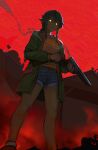  1girl black_hair coat denim denim_shorts green_coat gun highres horror_(theme) outdoors qosic raging_loop red_background serizawa_chiemi shirt shorts smoke smoking_gun solo standing weapon yellow_eyes yellow_shirt 