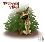  4catberry canid canine canis christmas christmas_tree domestic_dog female feral holidays jewelry looking_at_viewer mammal necklace object_in_mouth plant sitting solo space_dogs strelka text tree 