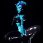  3d_(artwork) absurd_res alien black_background bludergat99 breasts clothing covering covering_breasts crouching digital_media_(artwork) exposed_belly female genitals glowing glowing_eyes hair hi_res humanoid leather leather_clothing looking_at_viewer marie_(bludergat99) multicolored_hair pussy simple_background smile solo yellow_eyes 