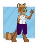  2022 anthro areola barefoot black_nose bottomwear breasts brown_body brown_fur canid canine clothed clothing digital_media_(artwork) digitigrade feet female fingers fluffy front_view fur green_eyes hi_res hindpaw humanoid_hands looking_at_viewer mammal moodytail multi_tone_body multi_tone_fur multicolored_body multicolored_fur navel nipples one_eye_closed pants paws pinup pose raccoon_dog simple_background smile solo standing striped_body striped_fur stripes tan_body tan_fur tanuki toes tongue tongue_out topless tuft white_body white_fur wink yuki_(side_b) 