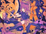  1girl animal_ears bat_(animal) blue_capelet blue_headwear broom broom_riding capelet commentary dated_commentary frilled_capelet frills halloween hat hat_ribbon high_heels lantern leotard no_nose open_mouth orange_eyes orange_ribbon original ozureiji purple_footwear purple_hair purple_leotard purple_ribbon purple_thighhighs ribbon socks socks_over_thighhighs solo star_(symbol) thighhighs thighs white_socks witch_hat 