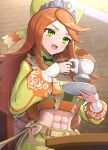  1girl abs absurdres bow commentary_request crop_top cup etie_(fire_emblem) fire_emblem fire_emblem_engage gonzarez green_bow green_eyes green_shirt green_skirt hair_bow highres holding holding_cup indoors long_hair long_sleeves midriff navel open_mouth orange_hair saucer shirt skirt skirt_set solo stomach teacup tiara upper_body very_long_hair 