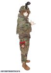  1girl artist_name belt boots brown_footwear brown_hair camouflage cat commentary different_reflection english_commentary from_side full_body fumo_(doll) hakurei_reimu hand_up hat headset helmet highres long_sleeves looking_at_viewer military_hat military_jacket military_uniform orange_eyes original reflection seventeenth_of_4 shaka_sign short_hair simple_background smile solo touhou uniform utility_belt white_background woodland_camouflage 