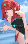  1girl bare_shoulders black_one-piece_swimsuit blue_sky breasts chest_jewel collarbone core_crystal_(xenoblade) covered_collarbone eyelashes feet_out_of_frame hand_up highleg highleg_swimsuit highres kyaro_(wanu_14) large_breasts leaning_forward lips looking_at_viewer medium_hair multicolored_clothes multicolored_swimsuit ocean one-piece_swimsuit orange_eyes outdoors pyra_(xenoblade) red_eyes red_hair sidelocks sky smile solo swept_bangs swimsuit thighs tiara xenoblade_chronicles_(series) xenoblade_chronicles_2 