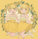  2girls blonde_hair blunt_bangs blush dress food fruit fruit_hat highres lemon mimosa_(flower) multiple_girls nagomurasan one_eye_closed original polka_dot scrunchie short_hair smile tareme toeless_footwear twintails wrist_scrunchie yellow_dress yellow_eyes yellow_scrunchie yellow_theme 