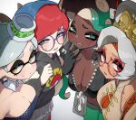  4girls breasts cephalopod_eyes cleavage company_connection crossover dark-skinned_female dark_skin detached_collar earrings eyeshadow fingerless_gloves glasses gloves green_eyes grey_hair highres hood hoodie jewelry kashu_(hizake) large_breasts long_hair looking_at_viewer makeup marie_(splatoon) marina_(splatoon) mole mole_under_eye mole_under_mouth multicolored_hair multiple_crossover multiple_girls penny_(pokemon) poke_ball_symbol pokemon pokemon_(game) pokemon_sv purah round_eyewear short_hair smile splatoon_(series) splatoon_1 splatoon_2 sweatdrop symbol-shaped_pupils tentacle_hair the_legend_of_zelda the_legend_of_zelda:_tears_of_the_kingdom two-tone_hair yellow_eyes zipper zipper_pull_tab 