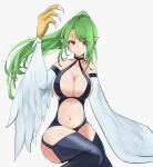  1girl absurdres bare_shoulders blush breasts circlet claws cleavage commentary_request duel_monster eyes_visible_through_hair feathered_wings feathers green_hair hair_over_one_eye harpie_queen harpy highres large_breasts long_hair looking_at_viewer monster_girl navel pointy_ears ponytail revealing_clothes simple_background solo thighhighs tiara white_background white_feathers white_wings winged_arms wings yagoro_kusuriya yellow_eyes yu-gi-oh! 