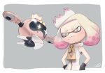 +_+ 1girl :3 bare_shoulders black_gloves blunt_bangs crown drone gloves gradient_hair grey_background hands_on_own_hips head_tilt highres mole mole_under_mouth multicolored_hair oversized_zipper pearl_(splatoon) pink_hair propeller puchiman robot_girl short_hair sleeveless sleeveless_jacket splatoon_(series) splatoon_2 splatoon_3 suction_cups tentacle_hair thick_eyebrows white_hair 