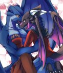  abstract_background anthro blue_body blue_bottomwear blue_clothing blue_pants blue_scales blue_wings bottomwear brown_bottomwear brown_clothing brown_eyes brown_pants clothed clothing dragon duo glistening glistening_eyes hand_on_chest hi_res horn kuttoyaki male membrane_(anatomy) membranous_wings open_mouth pants purple_body purple_eyes purple_scales purple_wings red_clothing red_tongue red_topwear scales scalie tongue tongue_out topless topwear white_horn wing_claws wings 