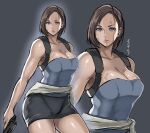  1girl blue_eyes breasts brown_hair cleavage gloves groin gun handgun highres holding jill_valentine large_breasts lips looking_at_viewer resident_evil resident_evil_3:_nemesis shibusun short_hair simple_background skirt solo weapon 