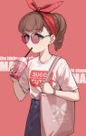  absurdres bag blue_pants breasts brown_hair copyright_name cup disposable_cup drinking_straw earrings fingernails highres holding holding_bag holding_cup idolmaster idolmaster_cinderella_girls jewelry looking_at_viewer nail_polish pants ponytail red_background round_eyewear sakuma_mayu shirt simple_background small_breasts stariklil stud_earrings tinted_eyewear tote_bag white_shirt 