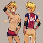  1boy american_football_uniform blonde_hair blush clothes_grab cum cum_in_ass elbow_pads highres idoraad jock_studio_(blits_games) jockstrap leo_mendez_(jock_studio) male_focus male_underwear multiple_views patch red_shorts short_hair short_sleeves shorts sportswear underwear yellow_eyes 