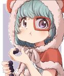  1girl :t animal_ears animal_hood blush capelet closed_mouth eating fake_animal_ears food fur-trimmed_capelet fur-trimmed_hood fur_trim green_hair hands_up highres hood hood_up hooded_capelet looking_at_viewer one_piece purple_background purple_eyes red-framed_eyewear red_capelet solo sugar_(one_piece) two-tone_background upper_body white_background yukie_(kusaka_shi) 