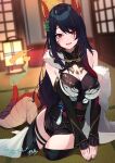  1girl absurdres black_hair black_thighhighs blurry blurry_background cleavage_cutout clothing_cutout commentary_request commission detached_sleeves facial_mark hair_ornament hajikami_eleme highres horns ibaraki_shun indie_virtual_youtuber indoors lizard_tail long_hair looking_at_viewer multicolored_hair open_mouth parted_bangs red_eyes sitting skeb_commission solo streaked_hair tail thighhighs virtual_youtuber 