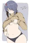  1girl alternate_costume belly belly_grab black_panties breasts brown_sweater cowboy_shot dated eyepatch highres kantai_collection large_breasts panties pinching purple_background purple_hair ribbed_sweater short_hair signature solo sweater taira_yuuki tenryuu_(kancolle) two-tone_background underboob underwear weight_conscious yellow_eyes 