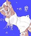  1girl animal_ears armpits arms_up ass bare_legs bare_shoulders blue_background boku_no_hero_academia breasts bubble cleavage collarbone dark-skinned_female dark_skin highres large_breasts long_hair mirko mmsb_551 narrow_waist rabbit_ears rabbit_girl red_eyes simple_background smug soap_bubbles solo towel wet white_hair white_towel 