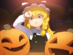  1girl black_headwear black_vest blonde_hair braid collared_shirt commentary hat jack-o&#039;-lantern kirisame_marisa long_hair long_sleeves open_mouth shirosato shirt single_braid solo symbol-only_commentary touhou vest white_shirt witch_hat yellow_eyes 