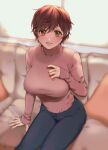  1girl absurdres blue_pants breasts brown_eyes brown_hair commentary couch denim hand_on_own_chest highres idolmaster idolmaster_cinderella_girls jeans large_breasts oikawa_shizuku pants pink_sweater salty_gana short_hair sitting solo sweater symbol-only_commentary 