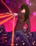  action_pose anthro black_hair blurred_background bottomwear butt chain city cityscape claws clothed clothing denim denim_clothing glowing glowing_eyes hair hi_res jeans kimero_kat long_hair looking_at_viewer male night pants pose reptile ring scalie sea shiro_takahashi slim snake solo water white_body yellow_eyes 