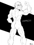  2021 anthro ape butt chimpanzee fangs fist flexing flexing_bicep fur haplorhine head_turned hi_res looking_at_viewer male mammal marcushunter muscular muscular_anthro muscular_male nude pan_(genus) primate rear_view signature smile smiling_at_viewer solo standing teeth text 