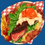  blue_background burger egg_(food) food food_focus french_fries haruka_(pixiv_5761359) lettuce meat no_humans original plate simple_background still_life tomato 