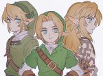  1boy blonde_hair bright_pupils brown_gloves closed_mouth collared_shirt earrings gloves green_eyes green_headwear green_shirt hat jewelry link male_focus multiple_views oharu-chan parted_lips pointy_ears shirt strap the_legend_of_zelda undershirt white_background white_pupils 