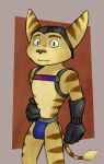  abstract_background absurd_res anthro blue_clothing blue_underwear brown_body brown_fur clothing digital_media_(artwork) fur gloves green_eyes grin handwear harness hat headgear headwear hi_res jockstrap led_light lombax looking_at_viewer male mammal ratchet ratchet_and_clank smile solo sony_corporation sony_interactive_entertainment stripes tail tail_tuft tuft tuubi underwear 