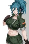  1girl black_gloves blue_eyes blue_hair breasts earrings gloves green_jacket green_shorts highres hyakka_(momokashinryu14) jacket jewelry leona_heidern midriff navel ponytail shorts snk soldier solo the_king_of_fighters the_king_of_fighters_xv triangle_earrings 