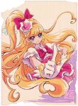  1girl asahina_mirai blonde_hair bow commentary_request cure_miracle dress eyelashes gloves hair_bow hair_ornament hairband happy hat high_ponytail high_side_ponytail kamikita_futago long_hair looking_at_viewer magical_girl mahou_girls_precure! official_art one_side_up pink_dress pointing pointing_at_viewer ponytail precure puffy_short_sleeves puffy_sleeves purple_eyes short_sleeves side_ponytail simple_background smile solo watercolor_background white_gloves 