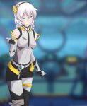  1girl bad_source bandaged_leg bandages bare_shoulders belt black_headband blue_eyes blurry blurry_background blush braid braided_ponytail breasts character_name closed_mouth cockpit cowboy_shot cross eyes_visible_through_hair hair_between_eyes hair_ornament headband highres honkai_(series) honkai_impact_3rd kiana_kaslana kiana_kaslana_(knight_moonbeam) looking_at_viewer medium_breasts pilot_suit smile split_mouth standing thigh_strap twin_braids white_belt white_hair 