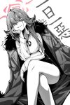  1girl absurdres ahoge aru_(blue_archive) bare_legs blue_archive breasts coat coat_on_shoulders crossed_legs demon_horns evil_smile feet_out_of_frame fur-trimmed_coat fur_trim gloves greyscale halo hand_on_own_cheek hand_on_own_face head_rest highres horns invisible_chair large_breasts long_hair looking_at_viewer mmhomm monochrome neck_ribbon ribbon simple_background sitting smile solo spot_color very_long_hair white_background 