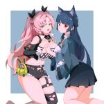  2girls :d absurdres animal_ear_fluff animal_ears bangboo_(zenless_zone_zero) bare_shoulders black_ribbon black_shorts black_skirt black_thighhighs blue_background blue_hair blue_jacket blunt_bangs border braid breasts cleavage clothing_cutout commentary_request crop_top cutoffs french_braid green_eyes grey_border hair_ornament hair_ribbon hairclip highres hoshimi_miyabi jacket kneeling kuangkuangti large_breasts long_hair long_sleeves looking_at_viewer midriff miniskirt multiple_girls navel nicole_demara open_mouth outside_border pink_hair pleated_skirt red_eyes ribbon short_shorts shorts shoulder_cutout simple_background single_thighhigh skindentation skirt smile stomach strapless thighhighs thighs tube_top two_side_up very_long_hair zenless_zone_zero 